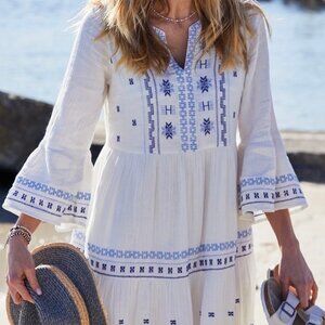 White With Blue Embroidered Boho Dress With Trumpet Sleeve
